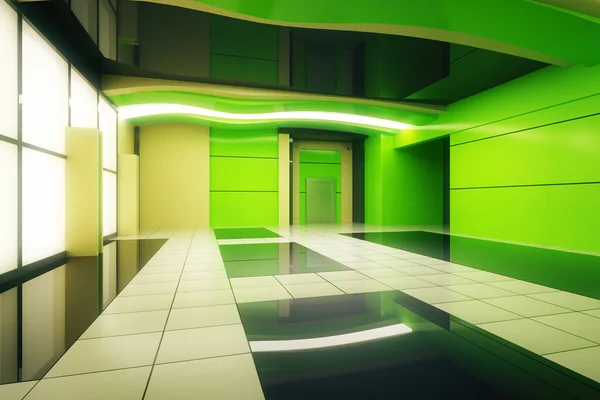 Interior futurista verde não mobilado. Renderização 3D — Fotografia de Stock