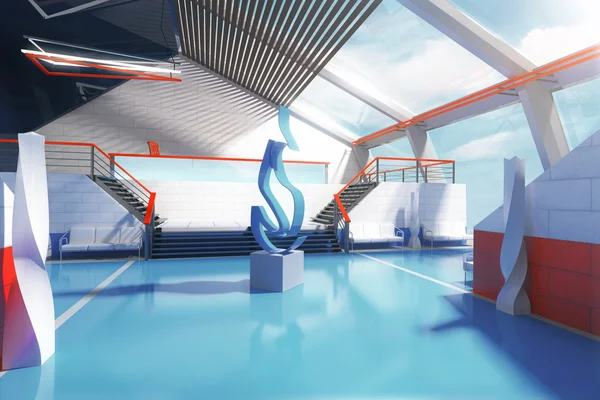 Fütüristik mavi iç merdiven, panoramik pencerelere ve soyut yangın sanat parçası orta. 3D render — Stok fotoğraf