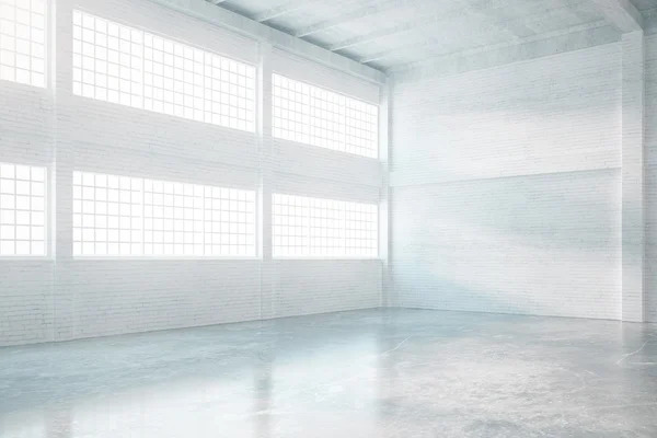 Hangar wnętrz podłogi betonowe, ściany z cegły i systemu windows. renderowania 3D — Zdjęcie stockowe