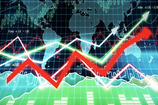 Uluslararası iş kavramı soyut oklarla forex ve harita arka plan üzerinde — Stok fotoğraf