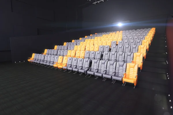 Rows of colorful comfortable seats in cinema hall. 3D Rendering — Stock Photo, Image