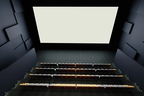 Sala de cine interior con filas de asientos, paredes estampadas y pantalla blanca en blanco. Maquillaje, renderizado 3D — Foto de Stock