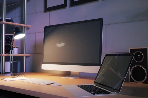 Laptop and computer at night — Stock Photo, Image