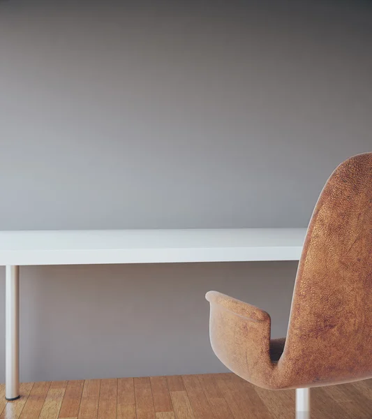 Lieu de travail avec table blanche vide, chaise brune et plancher en bois sur fond de mur en béton. Maquette, rendu 3D — Photo