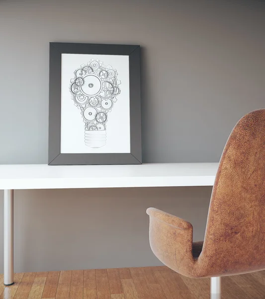 Resim çerçevesi soyut dişli ampul kroki beyaz masa, kahverengi sandalye ve beton duvar arka plan üzerinde ahşap zemin ile. Fikir kavramı. 3D render — Stok fotoğraf