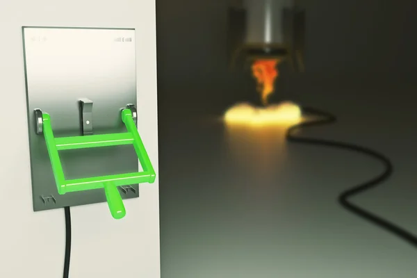 Opstarten concept met abstracte wazig lancering raket schip aangesloten op groene hendel switch op donkere grijze achtergrond. 3D-rendering — Stockfoto
