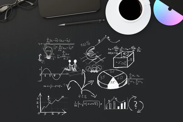 Black desktop with business sketch — Stock Photo, Image