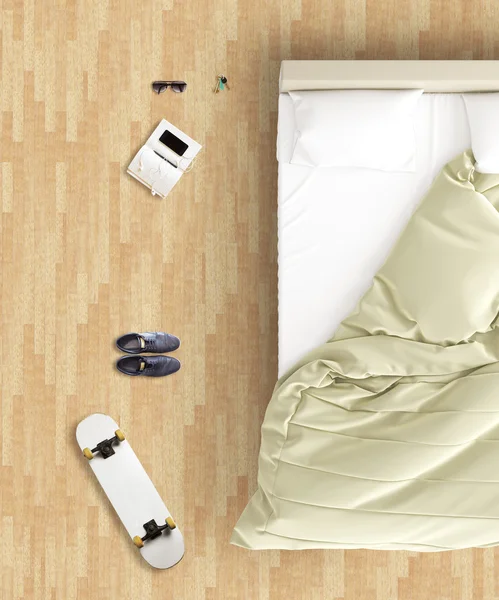 Draufsicht auf das Hipster-Schlafzimmer mit ungemachtem Bett, Skateboard, Paar Schuhe, Buch, Smartphone und anderen Gegenständen auf dem Holzboden. 3D-Darstellung — Stockfoto