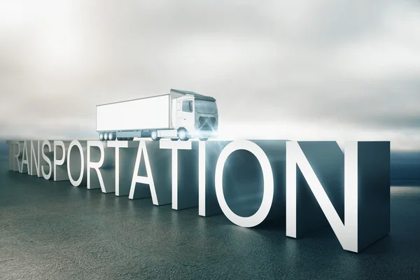 Концепция транспортировки. Абстрактный объемный текст с грузовиком сверху. Скучный фон неба. 3D рендеринг — стоковое фото