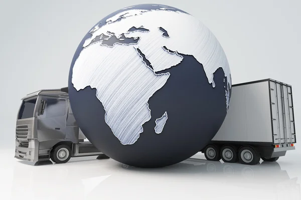 Closeup of truck with trailer and abstract terrestrial globe on light background. International shipping concept. 3D Rendering