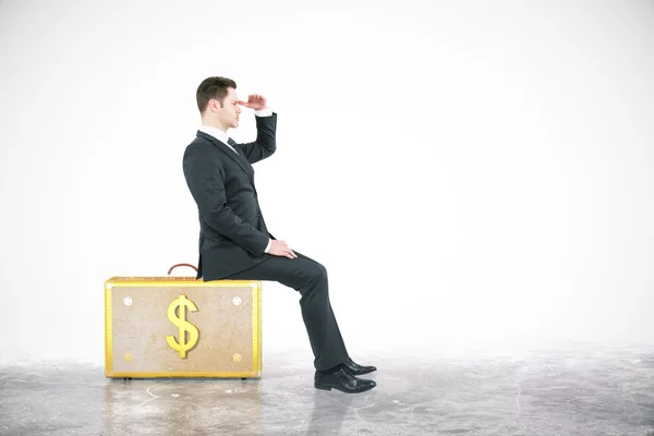 Geschäftsmann sitzt auf Dollarkoffer — Stockfoto