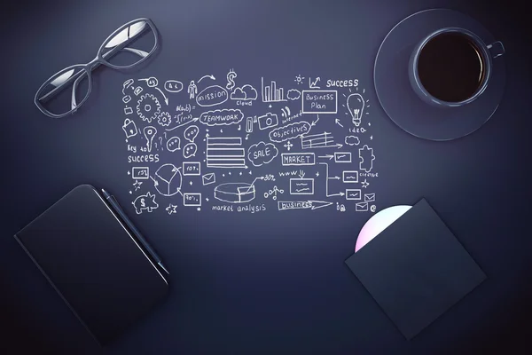 Dark Desktop med Business sketch — Stockfoto