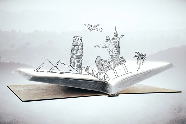 Öppen bok med abstrakt skiss av landmärken och sevärdheter på dimmig bakgrund. Resekoncept. 3D-rendering — Stockfoto