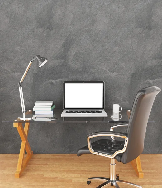 Kreativer Designerarbeitsplatz mit weißem Laptop, Kaffeetasse, Büchern und anderen Gegenständen im Interieur mit Kreidewand und Holzboden. mock up, 3D-Darstellung — Stockfoto