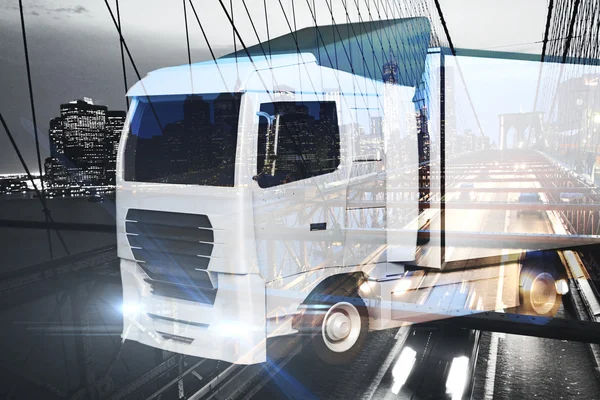 Stor lastbil på abstrakt stads bakgrund. Transportration Concept — Stockfoto