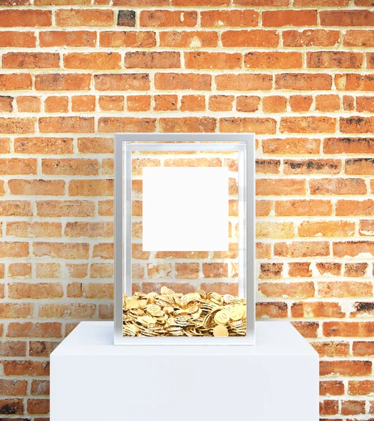 Glass box with blank label and golden coins on red brick background. Charity concept, Mock up, 3D Rendering — Stock Photo, Image