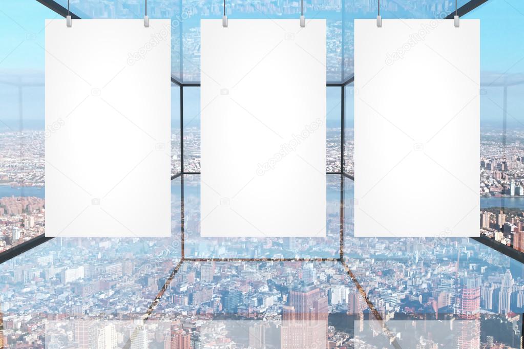 Blank banners in glass room