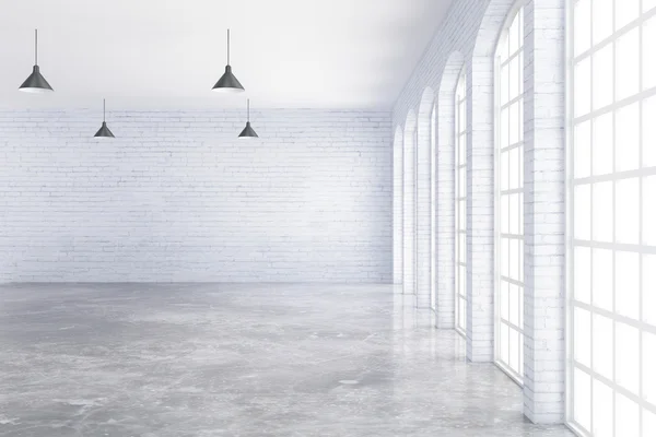 Interior vacío de ladrillo blanco y hormigón con lámparas de techo y ventana sin vista. Renderizado 3D — Foto de Stock