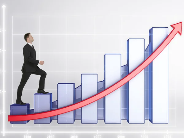 Jovem empresário escalada abstrato gráfico de negócios barra escada com seta vermelha. Renderização 3D. Conceito de sucesso — Fotografia de Stock