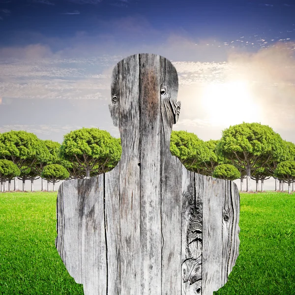 Wooden man on landscape background — Stock Photo, Image
