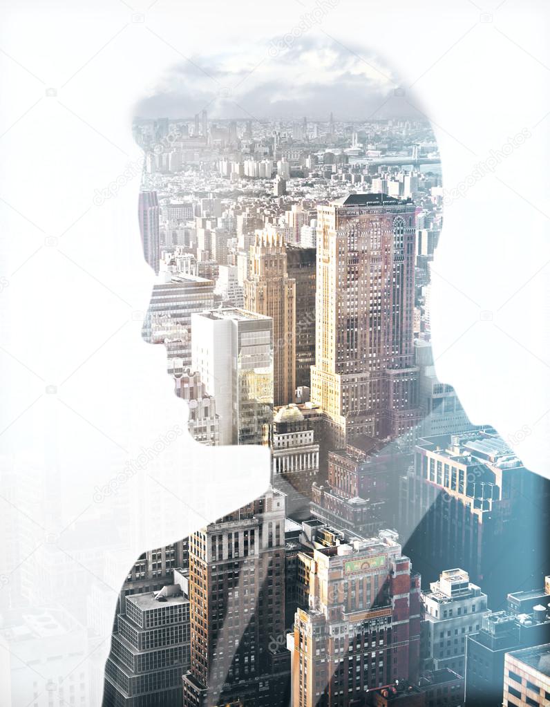 Thoughtful businessman silhouette on bright city background. Research concept. Double exposure