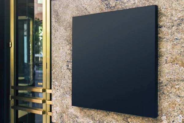 Czarny Kwadrat Szyld Marmurowej Ścianie Nowoczesnego Centrum Biznesowego Makieta — Zdjęcie stockowe