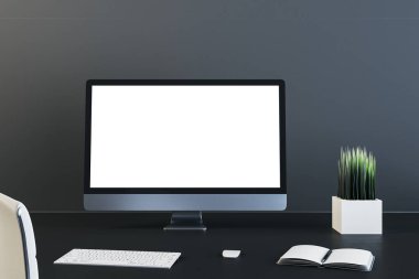 Boş bilgisayar ekranlı çağdaş iş masası. İş yeri ve şirket konsepti. Modifiye et, 3B Hazırlama