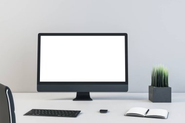 Boş bilgisayar ekranlı yaratıcı iş masası. İş yeri ve şirket konsepti. Modifiye et, 3B Hazırlama