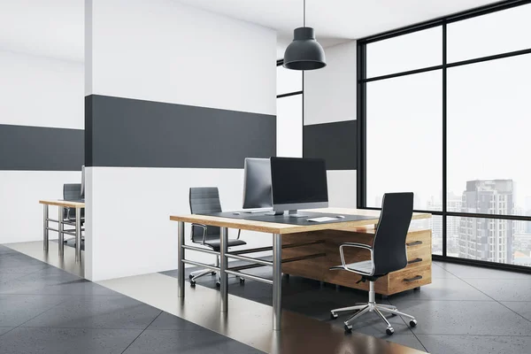 Moderno Interior Oficina Con Filas Mesa Computadora Lugar Trabajo Concepto — Foto de Stock