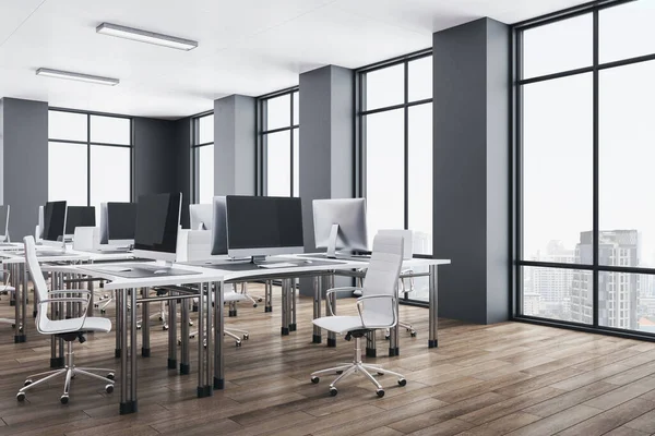 Moderno Ufficio Coworking Interno Con Pavimento Legno Occupazione Concetto Lavoro — Foto Stock