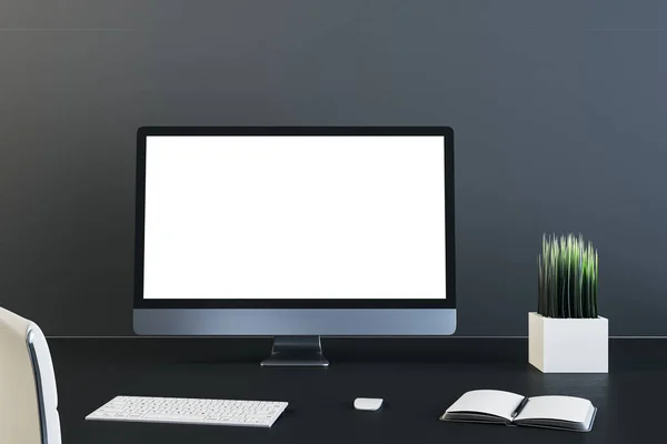 Zeitgenössischer Schreibtisch Mit Leerem Computerbildschirm Arbeitsplatz Und Unternehmenskonzept Mock Rendering — Stockfoto