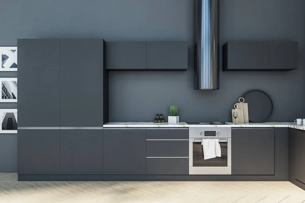 Moderne Zwarte Keuken Studio Interor Ontwerp Stijl Concept Sluit Maar — Stockfoto