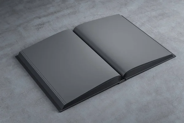 Κάτοψη Του Ανοιχτού Μαύρου Βιβλίου Γκρι Τραπέζι Δημοσίευση Και Διαφήμιση — Φωτογραφία Αρχείου