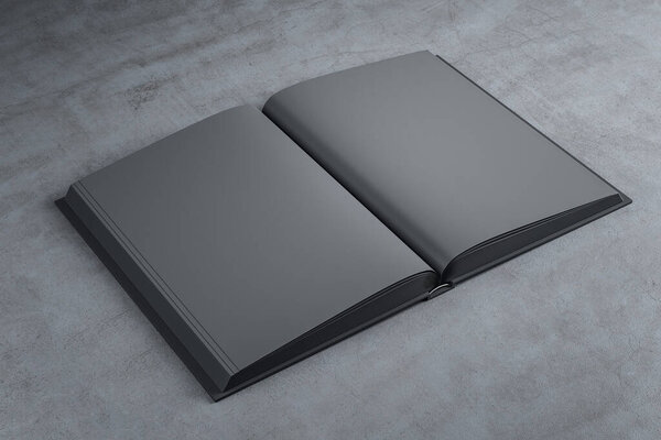 Top view of open black book on gray table. Publish and advertisement concept. Mock up, 3D Rendering