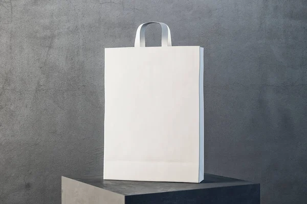 White paper bag with handles on podium. Trade and gift concept. 3D Rendering