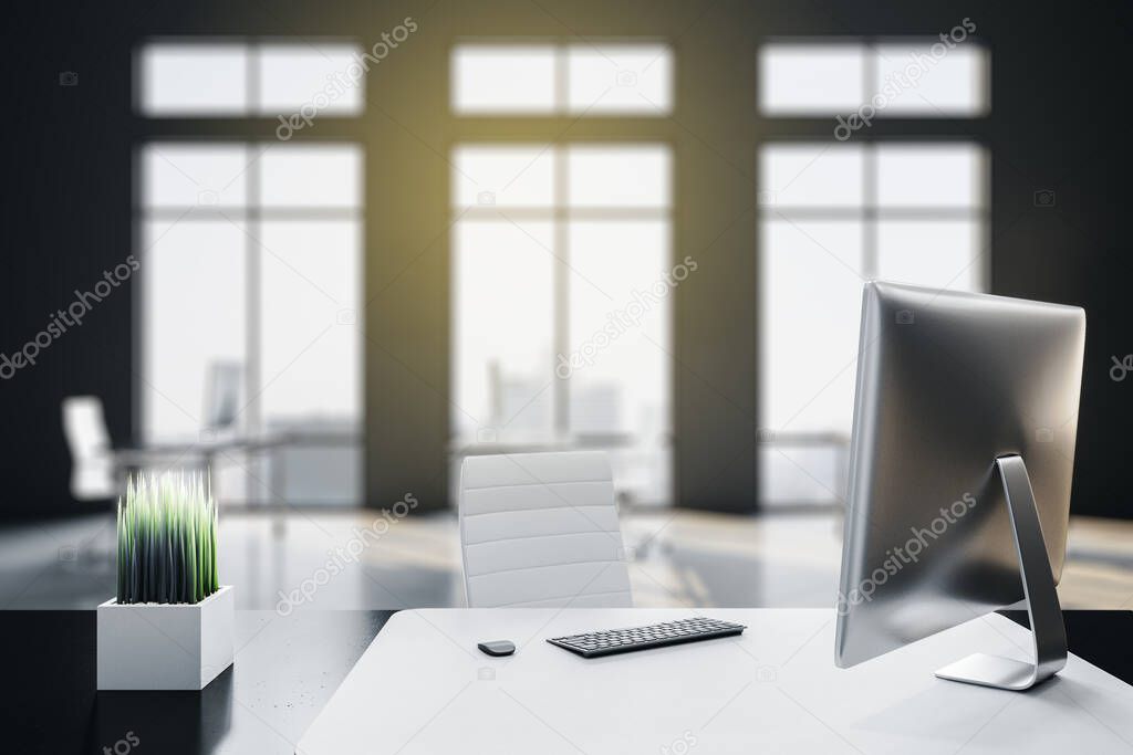 Modern office interior with city view and computer on table.  Workplace and lifestyle concept. 3D Rendering