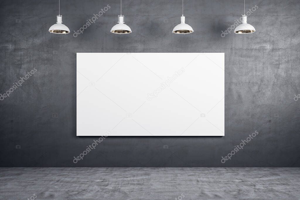 Exhibition interior with empty banner on concrete wall. Art and design concept. Mock up, 3D Rendering