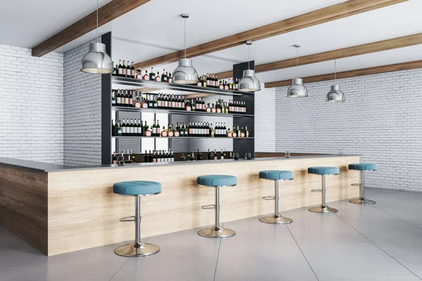 Wooden bar counter with chairs, brick wall and lamps. Food and drink concept. 3D Rendering