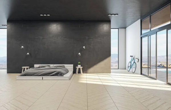 Minimalistic hipster bedroom interior with bike and decorative items. Design and style concept. 3D rendering.