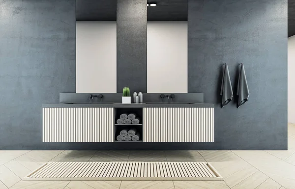 Modern bathroom with concrete wall, mirror and sink.  Design, apartment and hotel concept. 3D Rendering