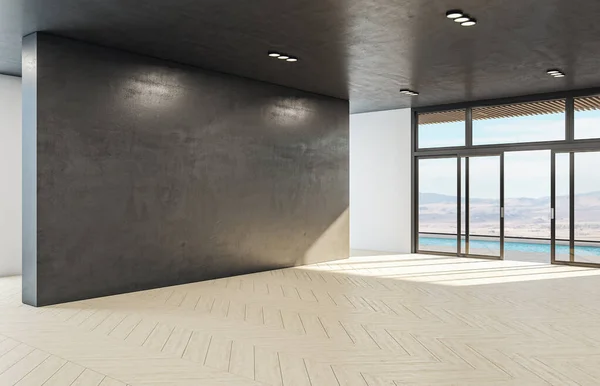 白灰色の壁と風景の景色を望むコンクリートのインテリア アートとデザインのコンセプト 3Dレンダリング — ストック写真