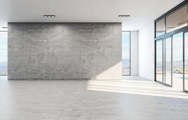 Interior Concreto Minimalista Com Parede Cinza Branco Vista Paisagem Renderização — Fotografia de Stock