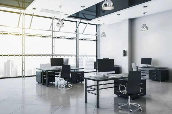 Coworking Kantoorinterieur Met Blanco Computerscherm Werkplaats Levensstijl Concept Weergave — Stockfoto