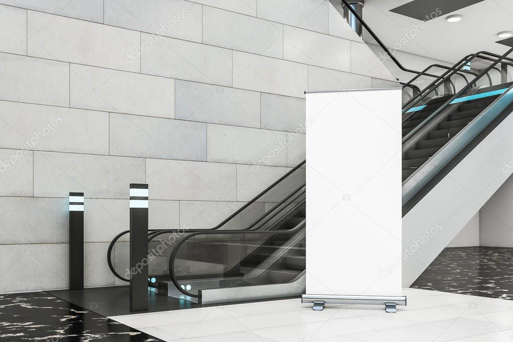 Escalator with empty ertical poster in shopping center. Urban and shopping concept. Mock up, 3D Rendering