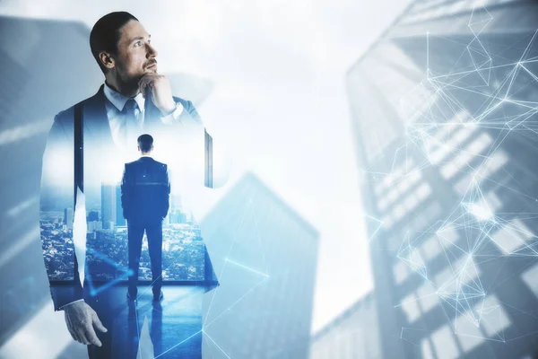 Two Businessman Polygonal Interface Skyscraper Background Teamwork Communication Concept Multiexposure — Stock Photo, Image