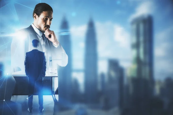 Businessmans Polygonal Hologram Skyscraper Background Teamwork Communication Concept Multiexposure — Stock Photo, Image