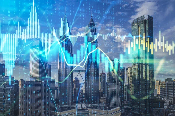 Wachsendes Aktiendiagramm Mit Geschäftsstatistiken Über Verschwommene Stadthintergründe Handels Und Investitionskonzept — Stockfoto