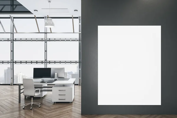 办公室的内部 家具和设备上有空白的广告牌 工作场所和公司的概念 3D渲染 — 图库照片