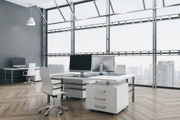 Computers on table in office interior with city view, Creative designer desktop. 3D Rendering