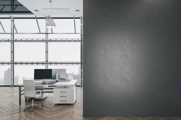 Moderno Salón Interior Oficina Con Ordenador Vista Ciudad Pared Blanco —  Fotos de Stock
